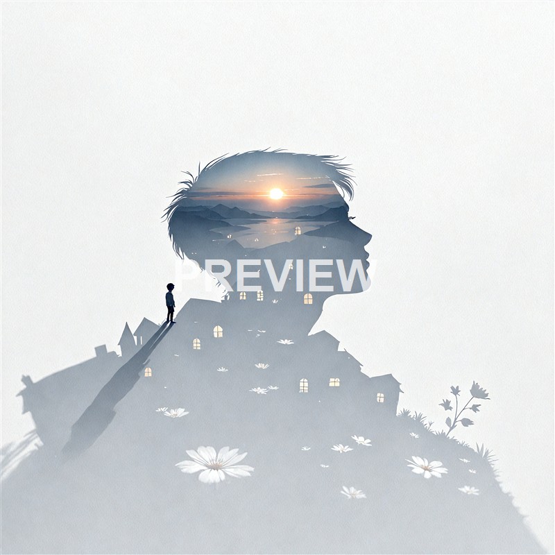A double exposure image combining a silhouette of a woman’s profile with a landscape of mountains, water, and a setting sun, along with a small child standing on a path with flowers and houses at the base.